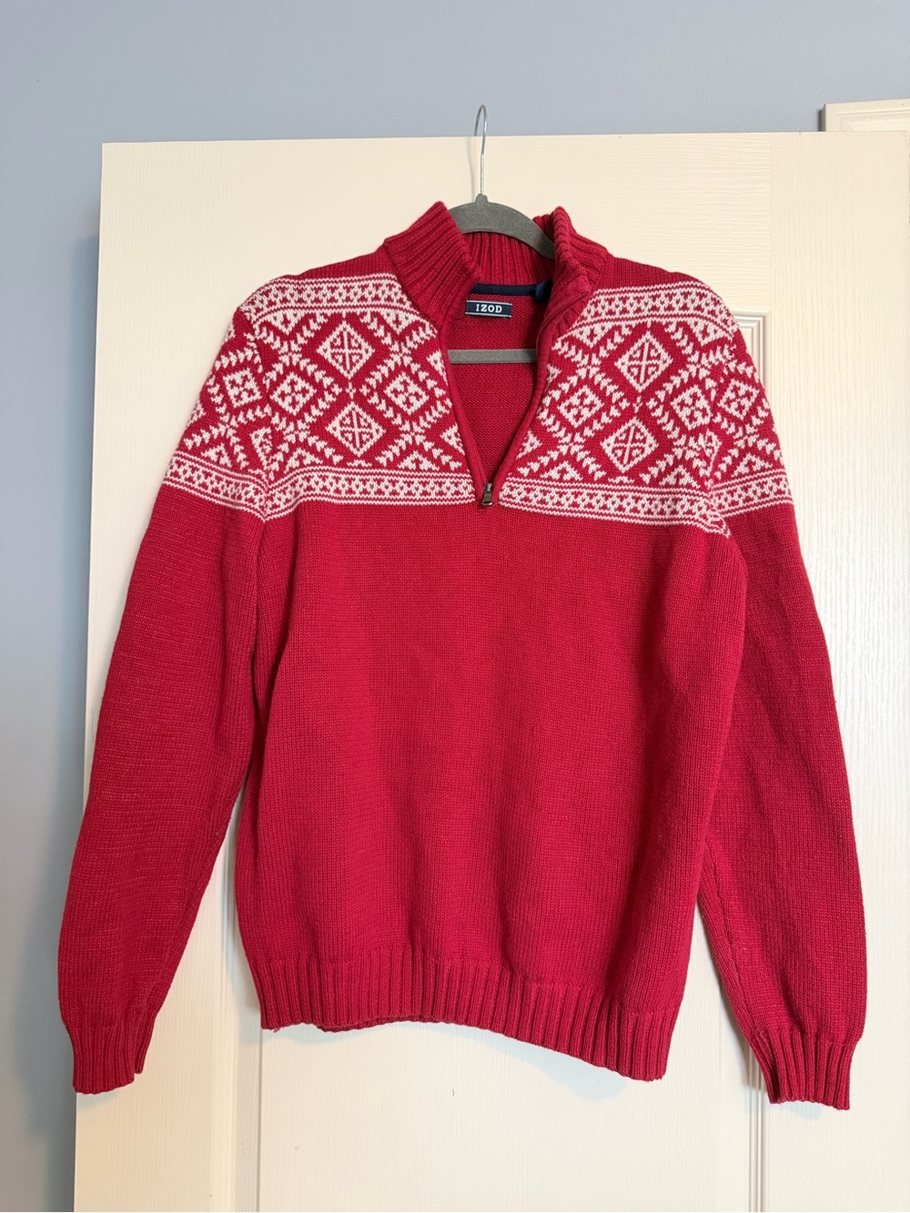 Izod Red & White Zip-Up Nordic Pattern Sweater
